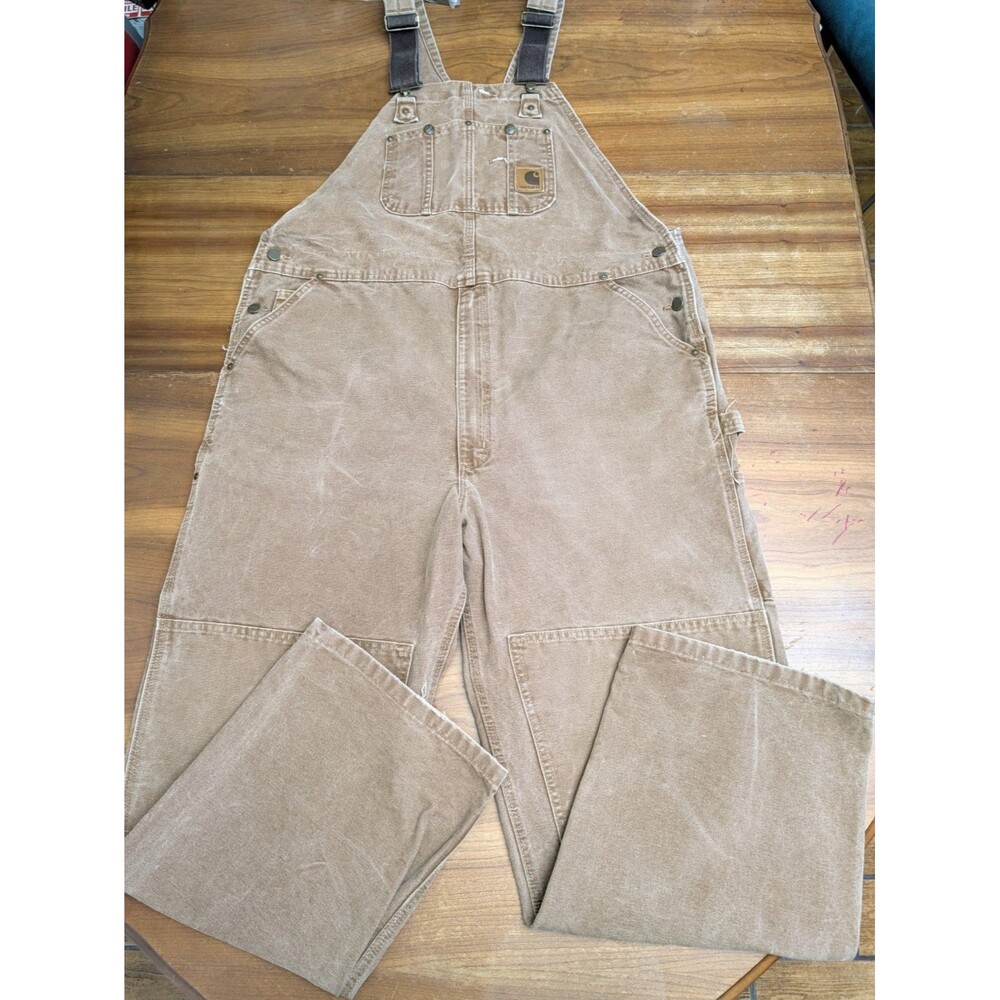 Carhartt Canvas Bib Brown Overalls Double Knee Vintage R06 BRN Size 44x32 Work